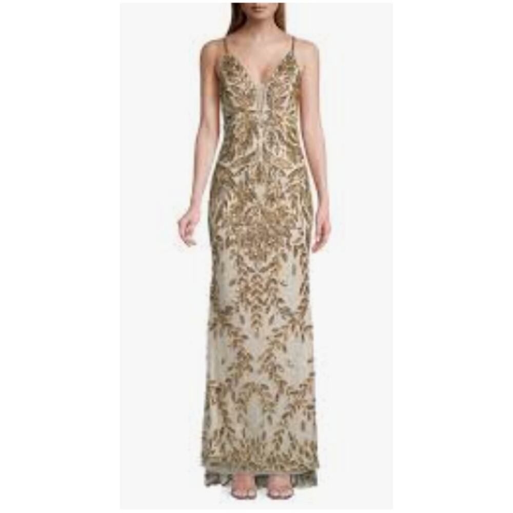 Mac Duggal Golden Godess Crystal Lace Trumpet Evening Gown Sz 14 Nwt